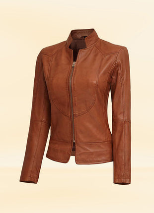 Buy Women's Brown Leather Biker Jacket Blue Lock Clothes Store