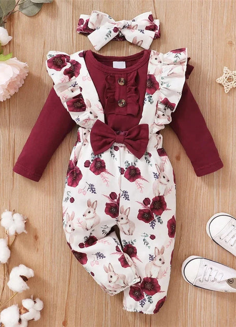 2 Pcs Red Long Sleeves Bodysuit And Floral Printed Pant Set Shop1103811041 Store