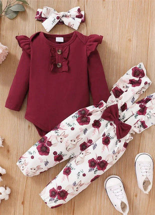 2 Pcs Red Long Sleeves Bodysuit And Floral Printed Pant Set Shop1103811041 Store