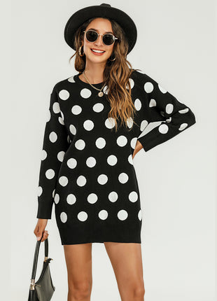 Gestricktes Tunika-Mini-Pulloverkleid mit Tupfenmuster Shopverse