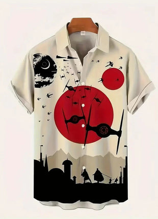 Men's Space Ship and Warrior Silhouette Print Casual Shirt - Short Sleeve, Summer Button- XL Foxbrzks Store