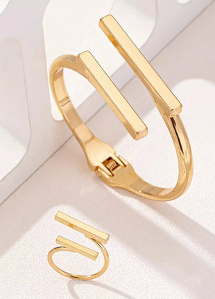 Adjustable 18K Gold-Plated Modern Bar Bracelet and Ring Jewelry Set NEULRY neulry Store