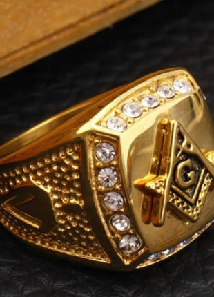 Master Mason Blue Lodge Ring - 316L Stainless Steel Gold Square & Compass Stone's Store