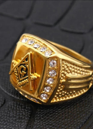 Master Mason Blue Lodge Ring - 316L Stainless Steel Gold Square & Compass Stone's Store