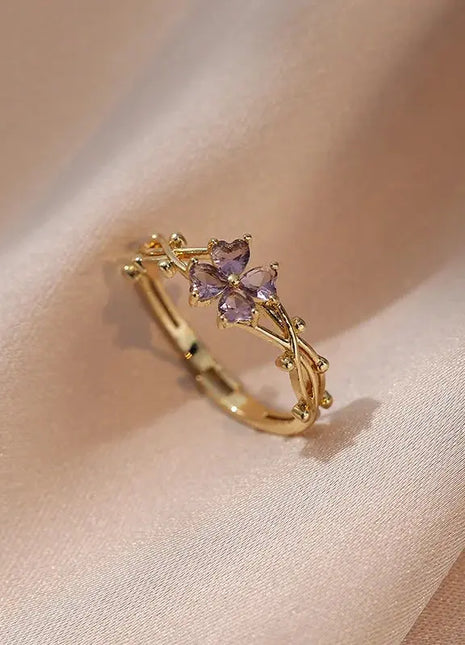 Elegant Literary Style Shiny Purple Zircon Four-petal Flower Ring boaoyouping Store