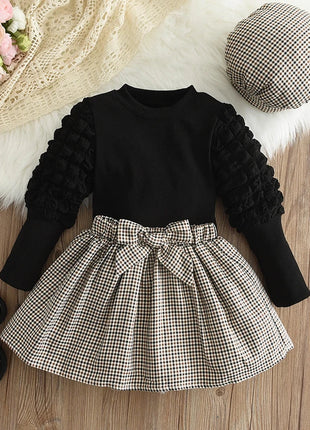 Girls' Round Neck Top & Plaid Set Small lovely world