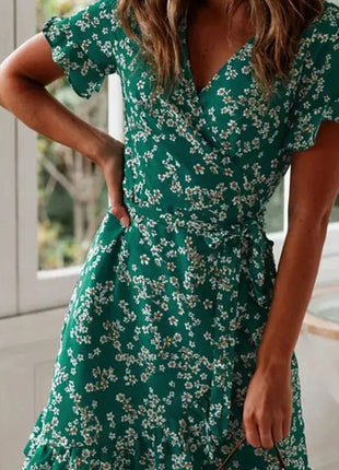 Boho Floral Print Ruffles Women Dress Summer Sexy V Neck Short Sleeve A Line Chiffon Mini Dresses Beach Vacation Sundress Kayle Clothes Store