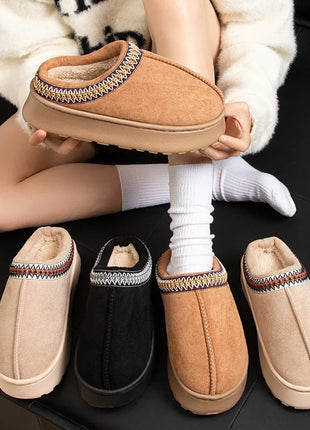 Hot Winter Women Slippers Plush Interior Anti Slip Thick Sole Fashion Embroidered Warm House Shoes for Ladies