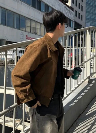 Threebooy Elegant Solid Brown Coat Men's Spring Autumn High-end Loose Lapel Plush Top Winter New Zipper Short Jacket Vintage Streetwear All-in-One Store