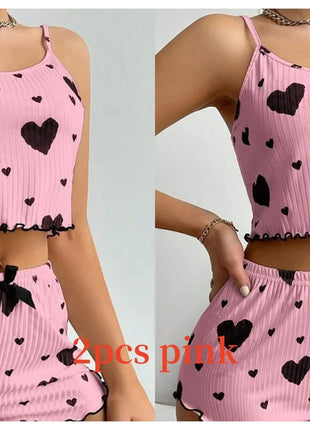 Women's Pajamas Set Sleepwear 2 PCS Short Tank Tops And Shorts S M L White Ventilate Soft Casual Love Printing Hottie Daily Store