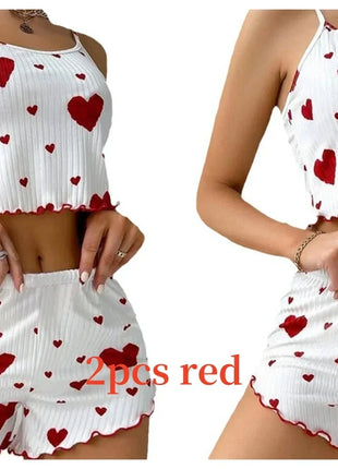 Women's Pajamas Set Sleepwear 2 PCS Short Tank Tops And Shorts S M L White Ventilate Soft Casual Love Printing Hottie Daily Store