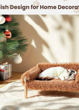 Large Cat Bed Sturdy Wooden Leg Raised Plush Cat Sofa Bed Kitten Bed for Indoor Cats - Soft Cat Couch Dropshipman