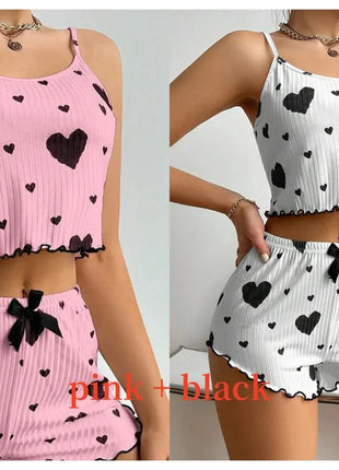 Women's Pajamas Set Sleepwear 2 PCS Short Tank Tops And Shorts S M L White Ventilate Soft Casual Love Printing Hottie Daily Store