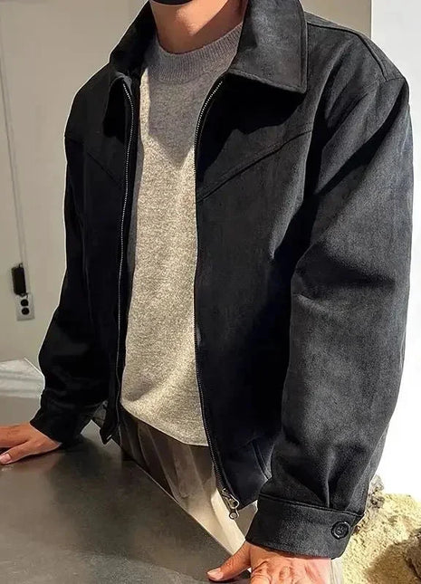 Threebooy Elegant Solid Brown Coat Men's Spring Autumn High-end Loose Lapel Plush Top Winter New Zipper Short Jacket Vintage Streetwear All-in-One Store