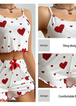 Women's Pajamas Set Sleepwear 2 PCS Short Tank Tops And Shorts S M L White Ventilate Soft Casual Love Printing Hottie Daily Store