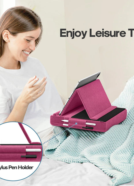KDD Upgraded Tablet Pillow Stand Multi-Angle Viewing Ipad Holder for Lap Bed and Desk Foldable Soft Pad Dock with Stylus Mount