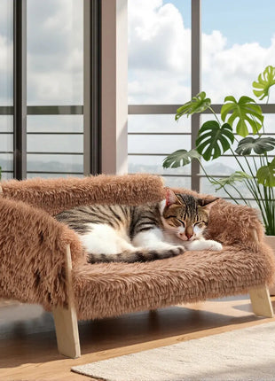 Large Cat Bed Sturdy Wooden Leg Raised Plush Cat Sofa Bed Kitten Bed for Indoor Cats - Soft Cat Couch Dropshipman