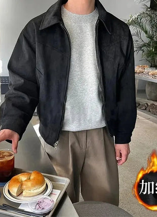 Threebooy Elegant Solid Brown Coat Men's Spring Autumn High-end Loose Lapel Plush Top Winter New Zipper Short Jacket Vintage Streetwear All-in-One Store