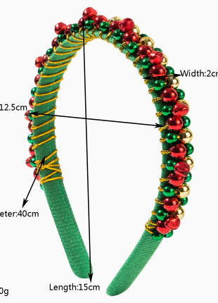 Festive Christmas Headband with Red & Green Beads, Golden Accents & Bell Charms - Hand-Wrapped Polyester Party Accessor