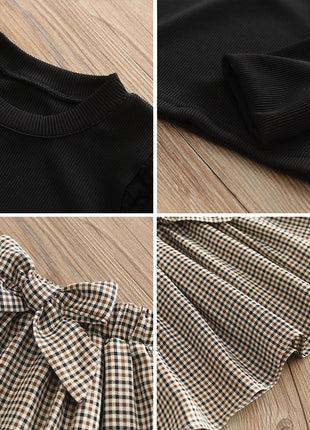 Girls' Round Neck Top & Plaid Set Small lovely world