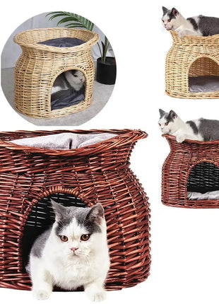 Cat Bed Hand Woven Wicker Bunk Basket 2 Tier Kitten Sleeping Cave Bed Brown and Beige Color with Soft Cushion Dropshipman