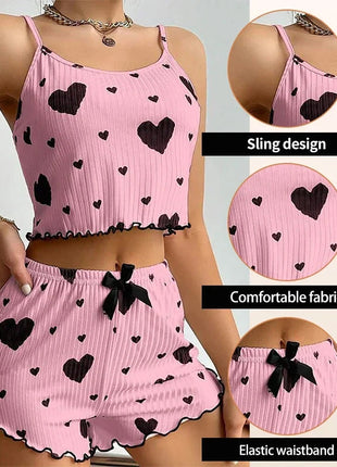 Women's Pajamas Set Sleepwear 2 PCS Short Tank Tops And Shorts S M L White Ventilate Soft Casual Love Printing Hottie Daily Store