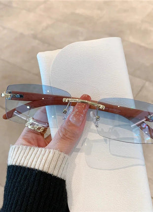 Rimless Wooden Pattern Sunglasses Shiny Apparel Store