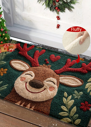 1pc Fluffy Christmas Deer Microfiber Bath Mat - Quick-Dry & Absorbent, Festive Holiday Design with Red Berries & Green Leaves