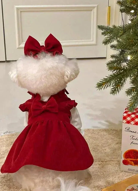 Puppy Bow Knot Dress Set Winter Warm Dog Clothes Pet Christmas Princess Dress Teddy Solid Color Skirt Send Clip Dropshipman
