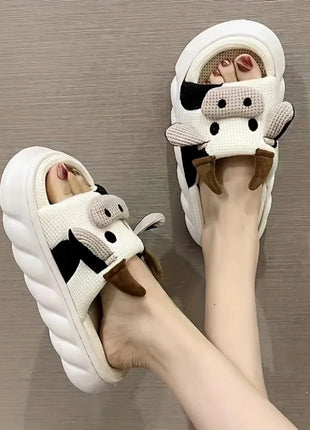 Women's Kawaii Cartoon Cow House Slippers, Casual Slip On Platform Slipper, Comfortable Indoor Shoes Shop1103881077 Store