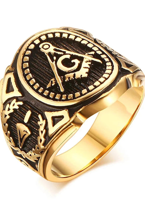 Master Mason Blue Lodge Ring - 316L Stainless Steel Gold Square & Compass Stone's Store