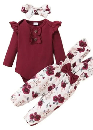 2 Pcs Red Long Sleeves Bodysuit And Floral Printed Pant Set Shop1103811041 Store