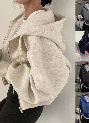 2024 Spring Autumn New Insfleece-lined Versatile Cropped Slims Smooths Silhouette Zip-up Warm Navy Blue Hooded Sweatshirt Women