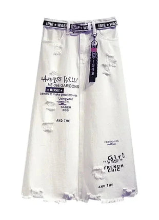 White Denim Letter Print Long Skirt Salty-Candy Store