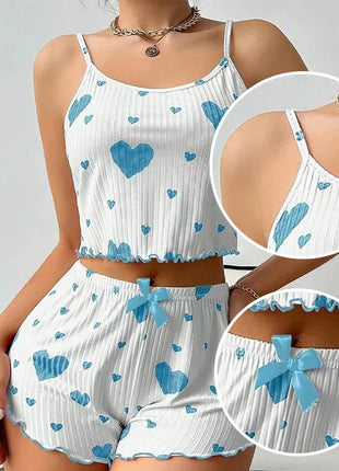 Women's Pajamas Set Sleepwear 2 PCS Short Tank Tops And Shorts S M L White Ventilate Soft Casual Love Printing Hottie Daily Store
