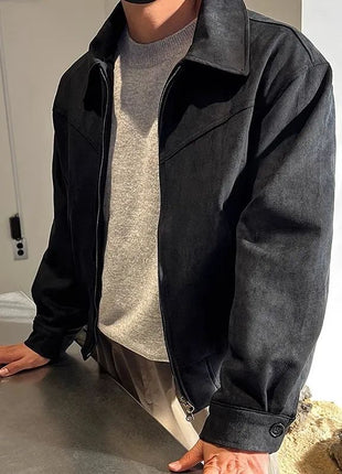 Threebooy Elegant Solid Brown Coat Men's Spring Autumn High-end Loose Lapel Plush Top Winter New Zipper Short Jacket Vintage Streetwear All-in-One Store