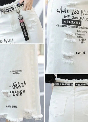 White Denim Letter Print Long Skirt Salty-Candy Store