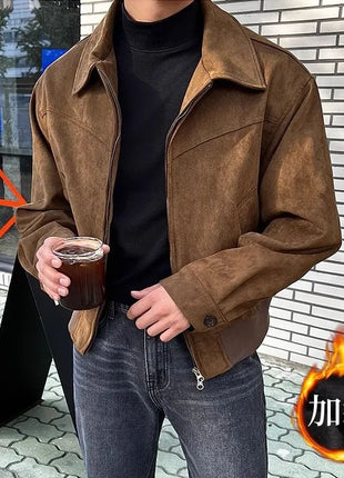 Threebooy Elegant Solid Brown Coat Men's Spring Autumn High-end Loose Lapel Plush Top Winter New Zipper Short Jacket Vintage Streetwear All-in-One Store