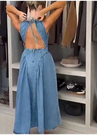 Fashion Solid Long Denim Vestidos Women Sleeveless OffShoulder Lace Up Backless Square Neck Jeans Dresses 2025 Chic Street Wear PfotenSpaß