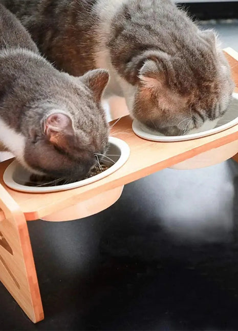 2PCS Bamboo And Wood Adjustable Cat And Dog Feeding Rack Cat Bowl Feeder Pet Bowl Stainless Steel Meal Rack Dropshipman