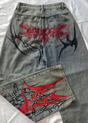 American Hip Hop Retro Gothic Print Jeans Women Y2K New Street Selling Fashion Loose Straight Wide Leg Pants Unisex Joker Jeans XiangMin Clothes Store