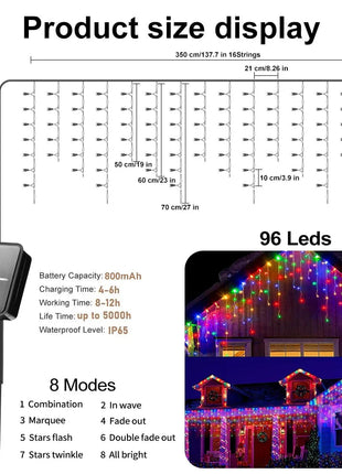 NEW 162/96LED Solar Icicle Outdoor Christmas Lights 8 Modes Waterproof Fairy Lights for Home Party Halloween Holiday Decoration OSIDEN Lighting Store
