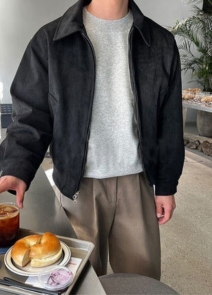 Threebooy Elegant Solid Brown Coat Men's Spring Autumn High-end Loose Lapel Plush Top Winter New Zipper Short Jacket Vintage Streetwear All-in-One Store