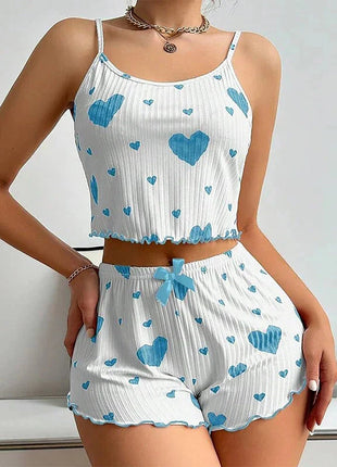 Women's Pajamas Set Sleepwear 2 PCS Short Tank Tops And Shorts S M L White Ventilate Soft Casual Love Printing Hottie Daily Store