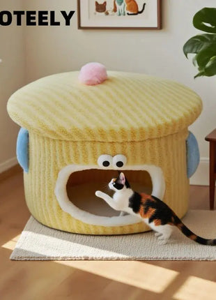 BOOTEELY Cute Cartoon Cat Bed Soft Corduroy Pet Cave With Adorable Face Design Warm Kitten Sleeping Nest Dropshipman