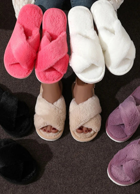 Cross Warm Fluffy Furry Slippers Women Lightweight Flat Heels Fur Slides Woman Autumn Winter Open Toe Non Slip Home Floor Shoes