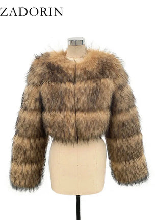 ZADORIN High Quality Cropped Faux Raccoon Fur Coat Women Winter ZADORIN Factory Store