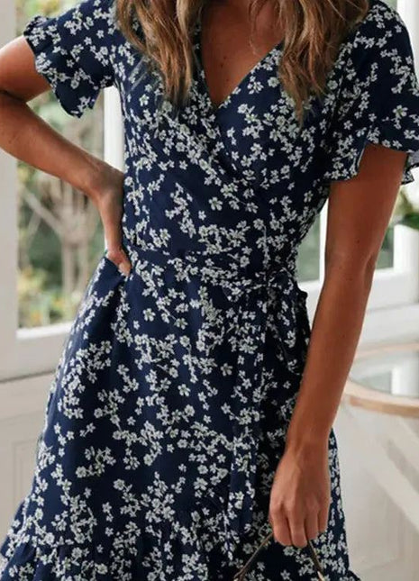 Boho Floral Print Ruffles Women Dress Summer Sexy V Neck Short Sleeve A Line Chiffon Mini Dresses Beach Vacation Sundress Kayle Clothes Store