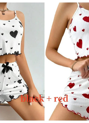 Women's Pajamas Set Sleepwear 2 PCS Short Tank Tops And Shorts S M L White Ventilate Soft Casual Love Printing Hottie Daily Store