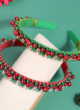 Festive Christmas Headband with Red & Green Beads, Golden Accents & Bell Charms - Hand-Wrapped Polyester Party Accessor